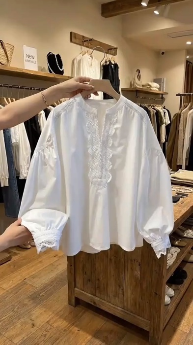 Popular French retro lace patchwork white shirt for women, unique and chic hollowed out top #fyp #viral