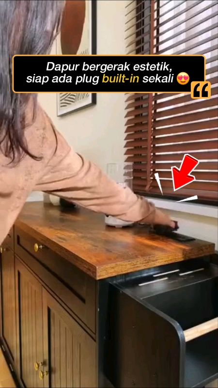 Kitchen Island Rolling Cabinet with Drop Leaf kayu MDF kalis air, ada soket elektrik & tong sampah #KitchenIsland #KitchenCabinet #storagecabinet